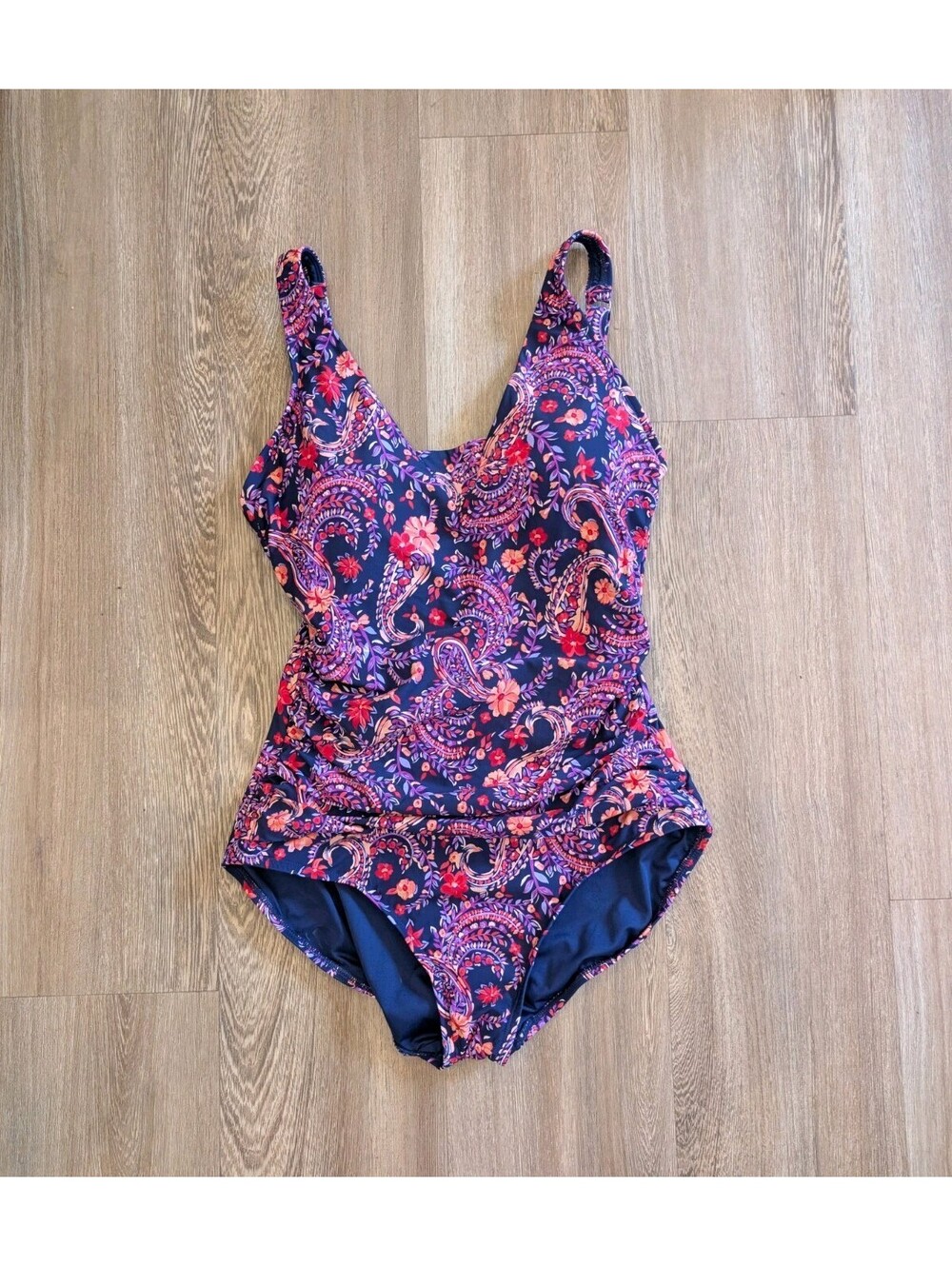 Land's End 1 Pc Swimsuit pink Purple Paisley Sz L Beachy Vacation island cruise